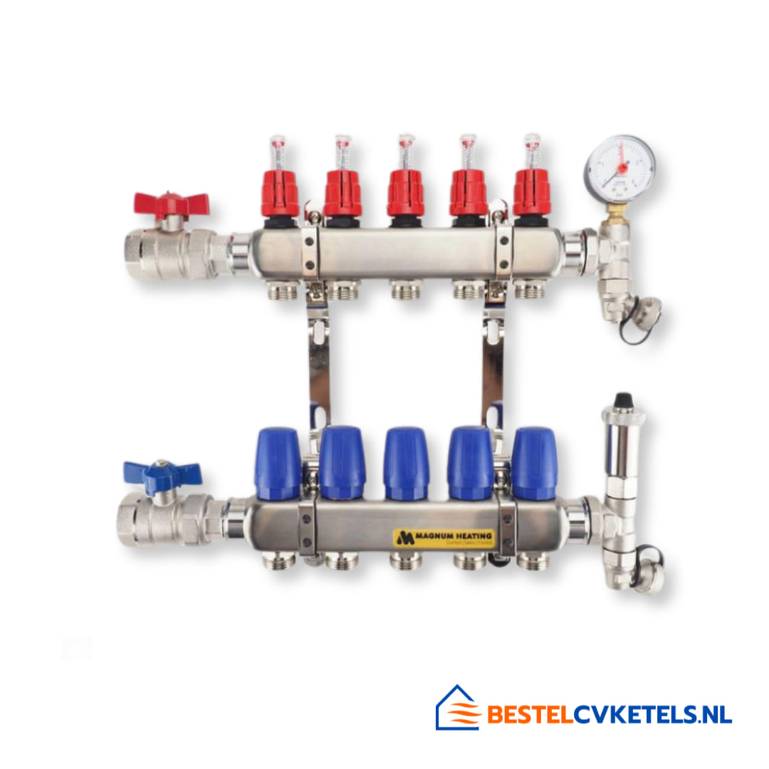 Magnum 13-groeps RVS verdeler LT met ontluchter, manometer en kogelkranen voor vloerverwarming