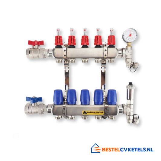 Magnum 13-groeps RVS verdeler LT met ontluchter, manometer en kogelkranen voor vloerverwarming
